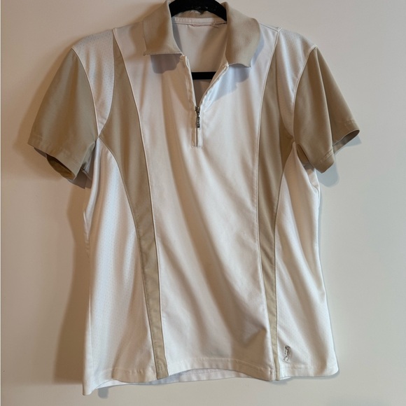 Izod Golf Tops - Golf - White and Tan Short Sleeve Polo Shirt